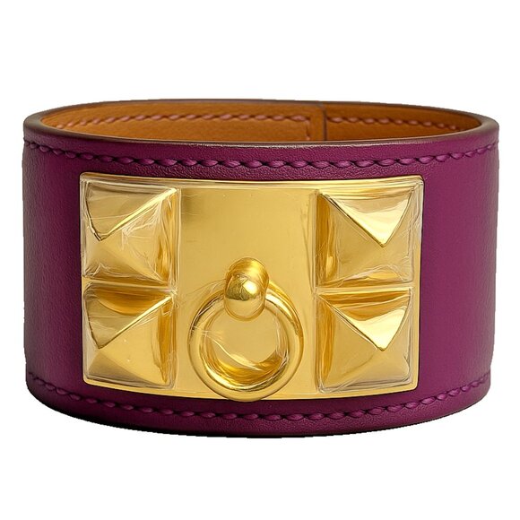 NEW HERMES Leather Collier de Chien Bracelet Adjustable PM Anemone Gold Studs - Picture 1 of 16